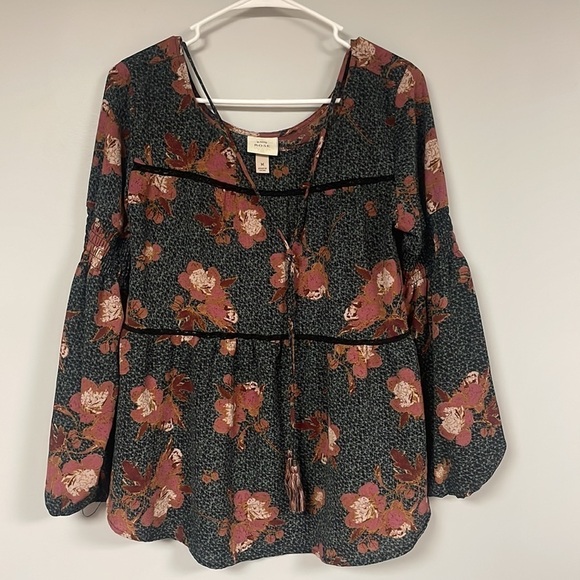 Knox Rose Tops - Knox Rose Blouse Long Sleeve Women Floral Top Black/Gray Boho Shirt Casual, M